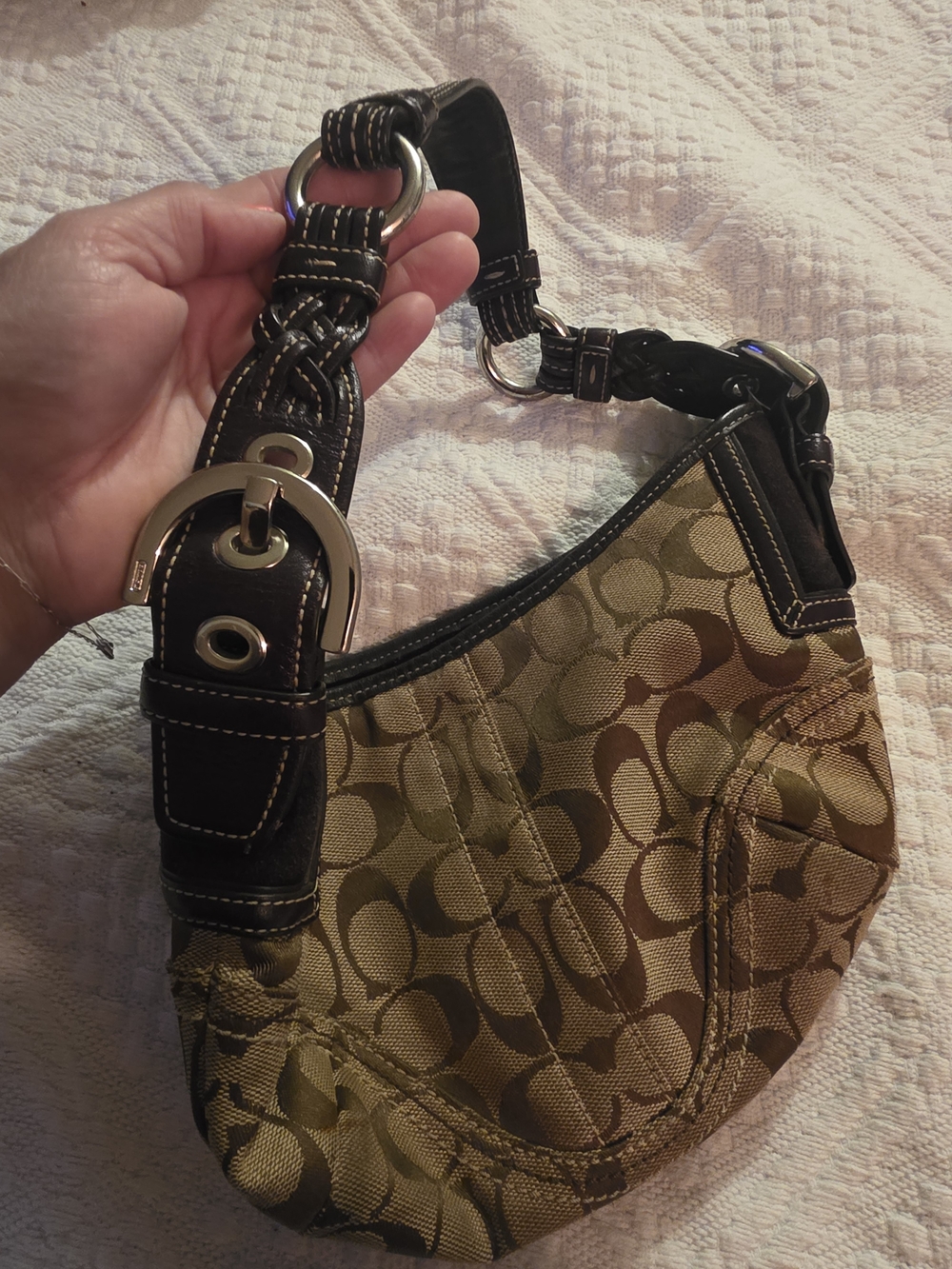 Coach Signature Jacquard Hobo Shoulder Bag in Khaki/Brown